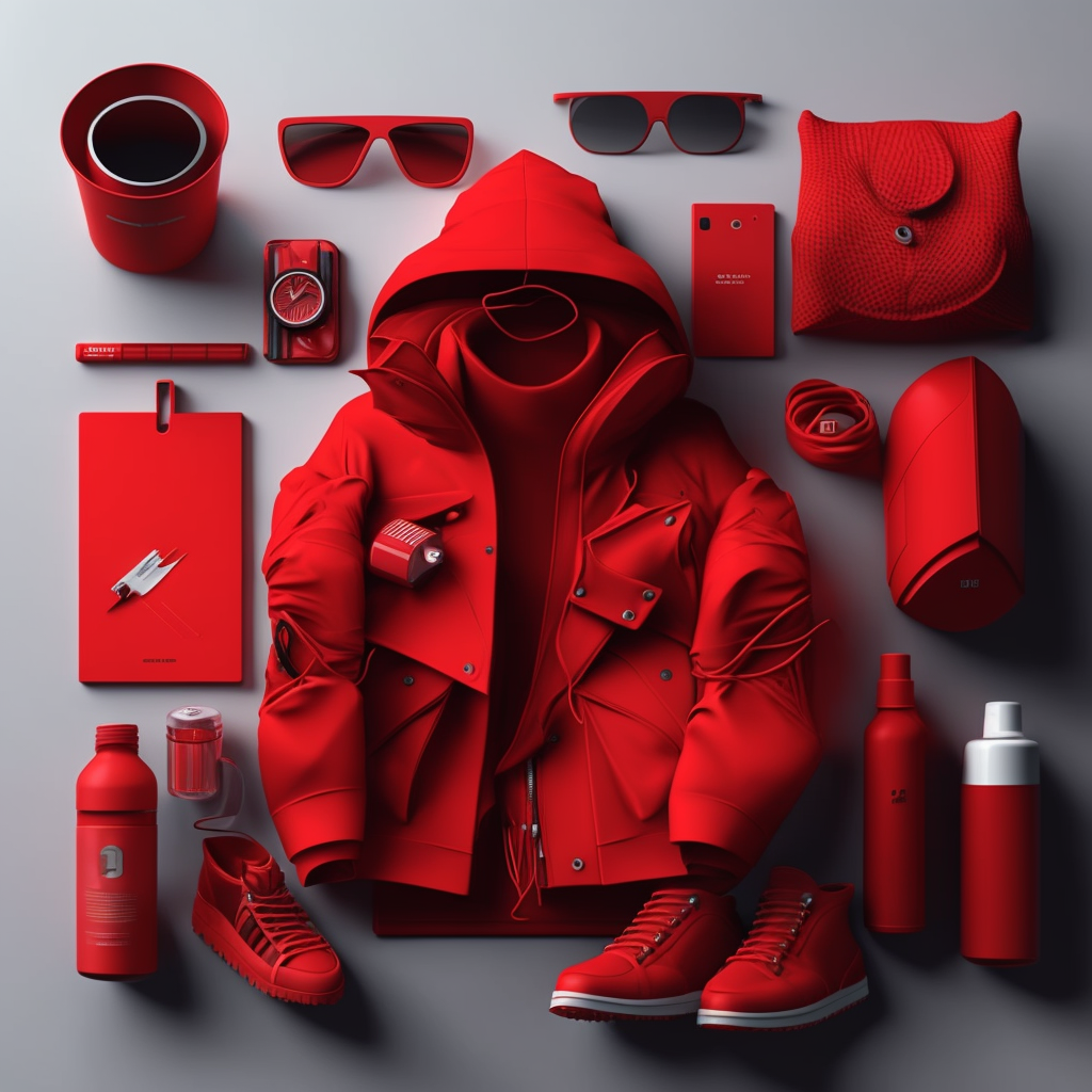 abrigo, zapatillas, bolsos y gafas de color rojo